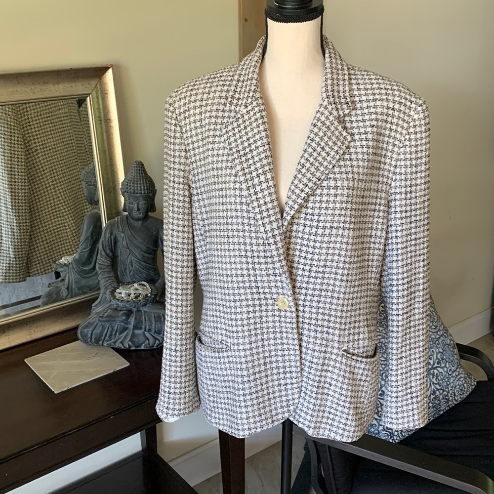 Kate Hill 100% Silk off white taupe Tweed houndstooth Blazer in 18